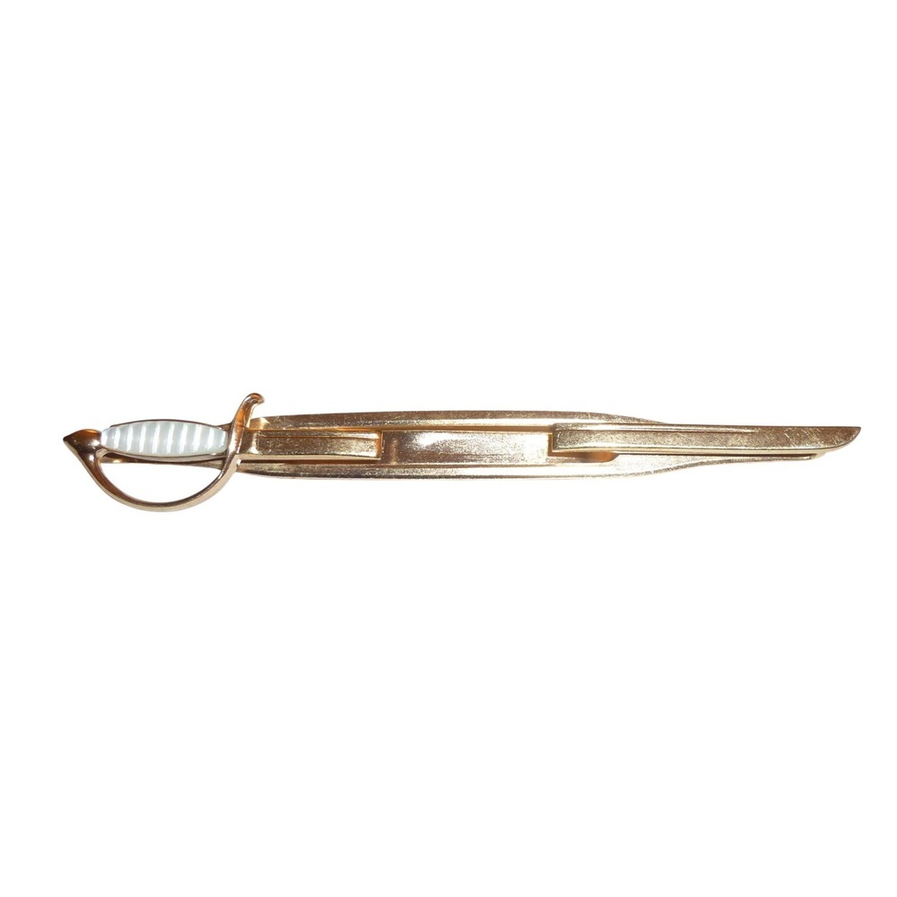 Vintage Swank Gold Tone Sword Saber Tie Clip with White Hilt Inlay Accessory